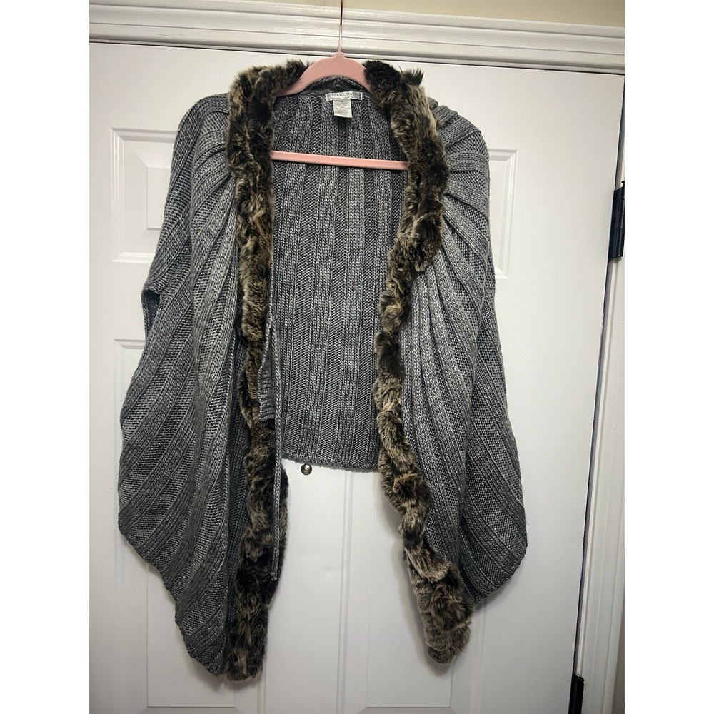 Alberto Makali Gray Wool Blend Rabbit Fur Trim Shawl Women's Medium Artsy